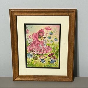 W.M. Otto Painting Mouse Ladybugs Animals Whimsical Art Cottagecore Floral VTG
